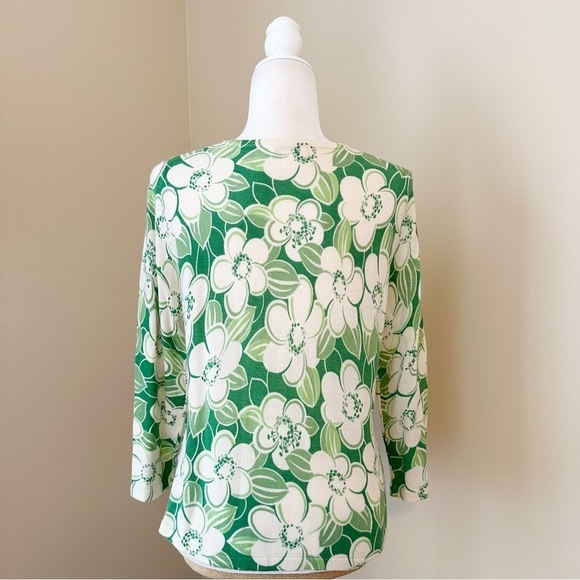 Garnet Hill 100% Wool Green Floral Lightweight Cardigan - Medium - Picture 3 of 11